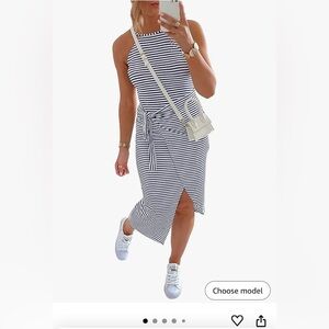 Women Sleeveless Striped Tank Dress Halter Neck Ruched Bodycon Dresses Tie Waist